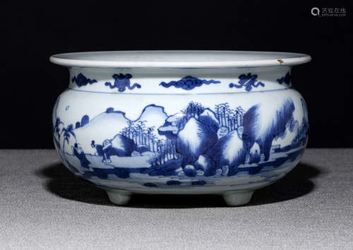 A BLUE AND WHITE LANDSCAPE PORCELAIN CENSER