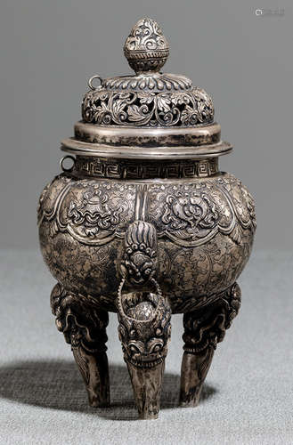 A SILVER CENSER WITH BUDDHIST EMBLEMS