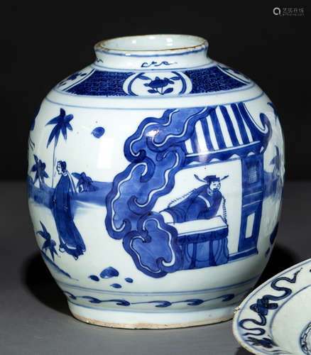 A BLUE AND WHITE VASE WITH FIGURAL SCENES