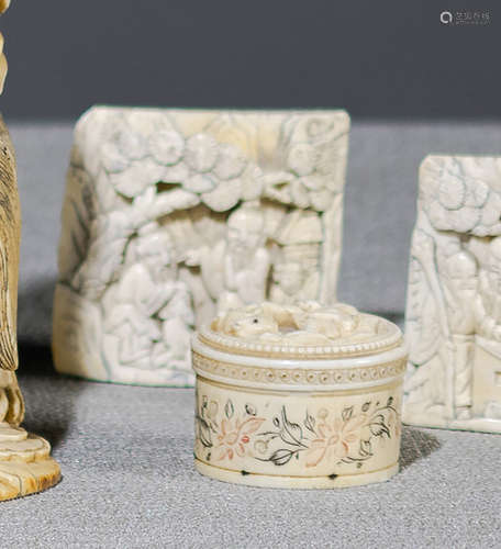 TWO CARVED IVORY PANELS WITH IMMORTALS AND AN IVORY BOX AND COVER