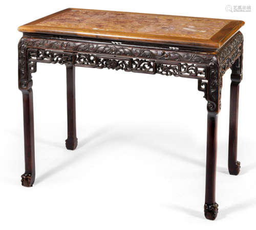 A CARVED HARDWOOD TABLE WITH STONE TOP