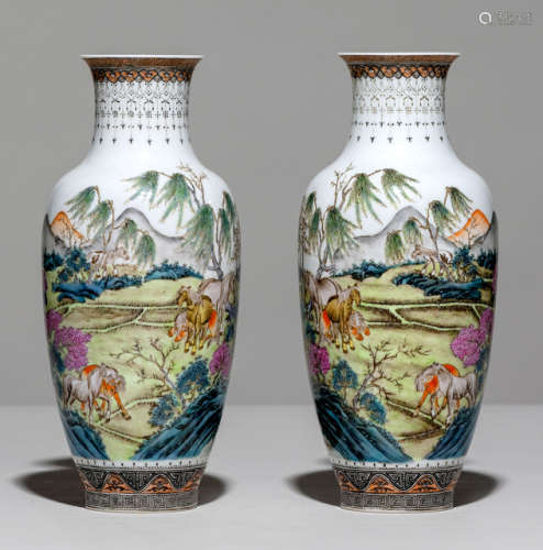 A FINE PAIR OF POLYCHROME PAINTED PORCELAIN VASES WITH HORSES IN A LANDSCAPE