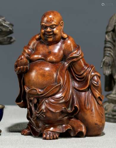 A WELL CARVED BOXWOOD FIGURE OF STANDING BUDAI
