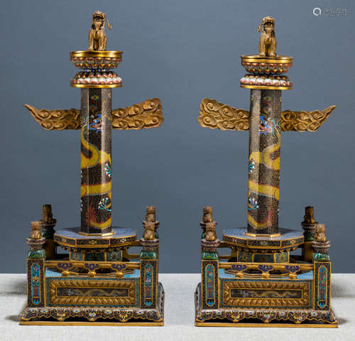 A PAIR OF CLOISONNÉ ENAMEL ALTAR STELES