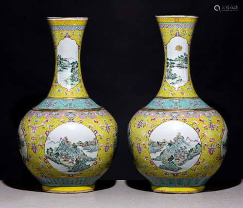 A PAIR OF LARGE FAMILLE ROSE BOTTLE VASES