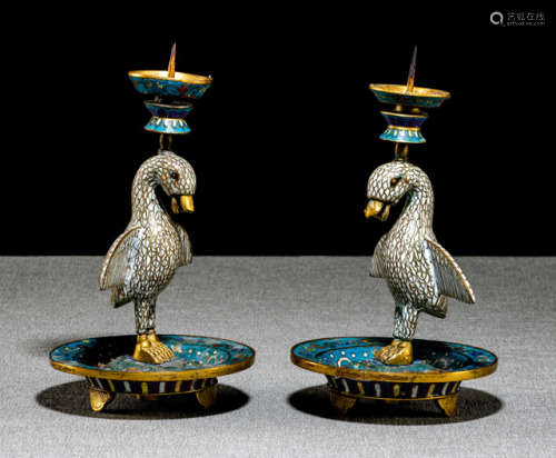 A RARE PAIR OF CLOISONNÉ ENAMEL DUCK-SHAPED CANDLE HOLDERS