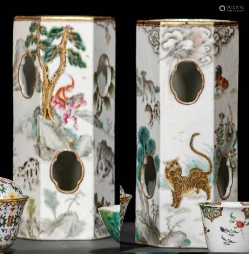A WELL PAINTED ZODIAC ANIMAL PAIR OF PORCELAIN HAT STANDS