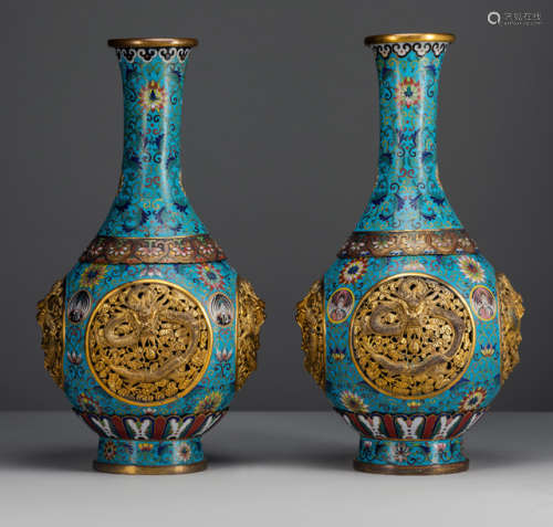 A PAIR OF LARGE CLOISONNÉ ENAMEL RETICULATED REVOLVING VASES