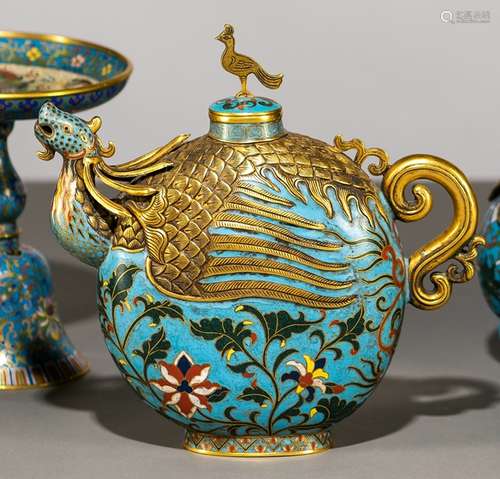 A CLOISONNÉ ENAMEL PHOENIX EWER