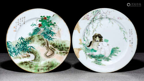 TWO FINE PAINTED PORCELAIN ANIMAL DISHES