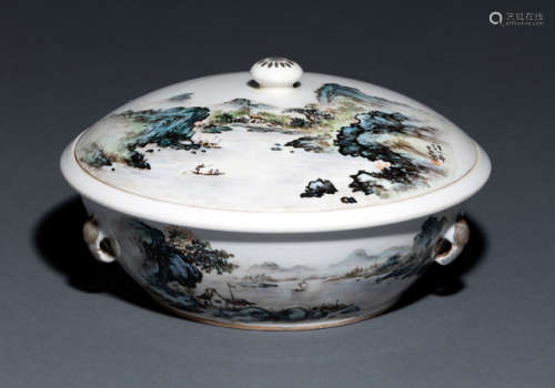 AN INSCRIBED AND POLYCHROME DECORATED LANDSCAPE PORCELAIN BOWL AND COVER