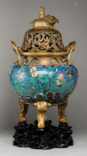 A LARGE BUTTERFLY AND FLOWER CLOISONNÉ ENAMEL CENSER AND COVER