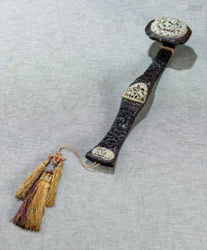 A WELL CARVED HARDWOOD RUYI SCEPTER WITH INLAID CARVED JADE PANELS