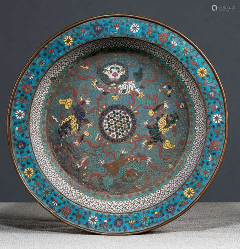 A CLOISONNÉ-ENAMEL BASIN WITH BUDDHIST LIONS