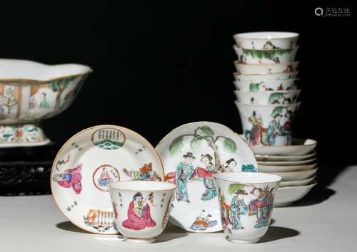 NINE FAMILLE ROSE CUPS AND SAUCERS WITH FIGURAL DECOR AND POEMS