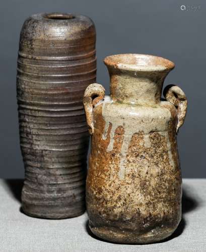 A BIZEN WARE VASE AND A SHIGERAKI WARE VASE WITH TWO SIDE HANDLES