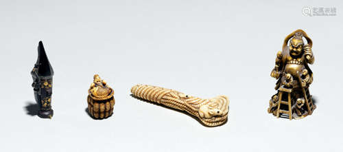 A GROUP OF THREE IVORY/WOOD NETSUKE AND AN IVORY OKIMONO