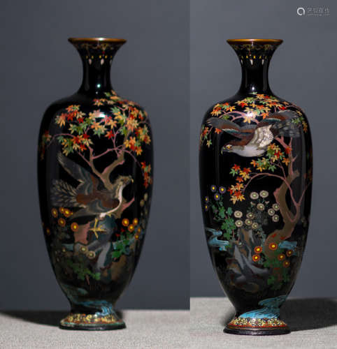 A PAIR OF CLOISONNÉ ENAMEL VASES DECORATED WITH BIDRS OF PREY AMIDST MAPLE BRANCHES ON BLACK GROUND