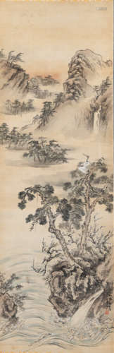 A PAINTING OF A PAIR OF CRANES PERCHED IN A PINE TREE IN A MONTAGNOUS LANDSCAPE NEXT TO A LAKE