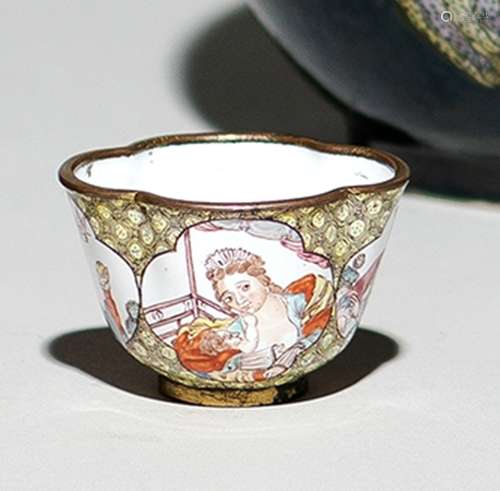 A RARE EUROPEAN SUBJECT CANTON ENAMEL WINE CUP