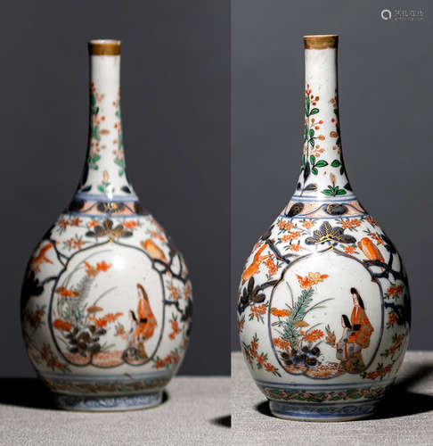 A PAIR OF NARROW NECK IMARI PORCELAIN VASES