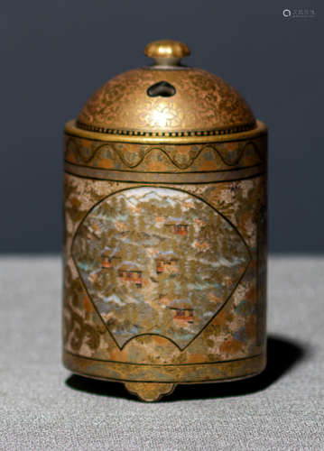 A FINE SATSUMA KORO AND COVER DECORATED WITH VARIOUS TEMPLE SITES