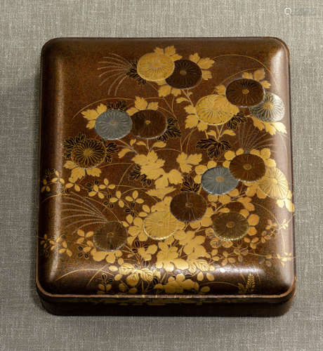 A LACQUER SUZURIBAKO WITH CHRYSANTHEMUM AND REEDS
