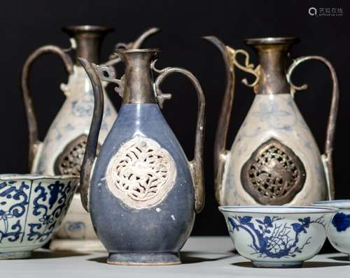 Two BLUE AND WHITE AND ONE POWDERBLUE-GLAZED EWER
