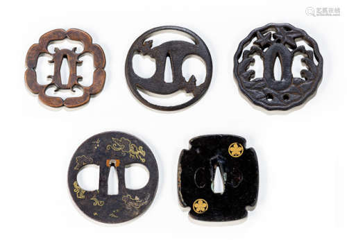 A GROUP OF FIVE VARIOUS IRON/COPPER TSUBA WITH FLORAL PATTERNS