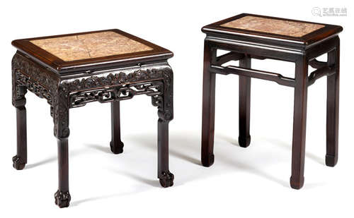 A PAIR OF CARVED HARDWOOD STOOLS WITH STONE TOPS