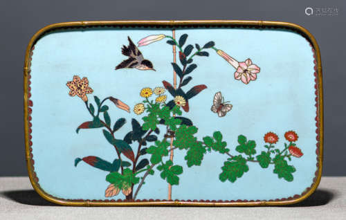 A CLOISONNÉ ENAMEL TRAY DECORATED WITH A BIRD