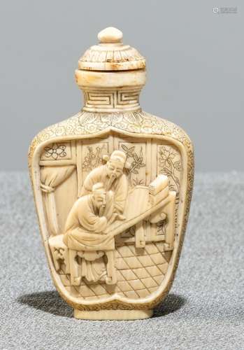 A WELL CARVED IVORY SNUFFBOTTLE WITH SCHOLAR'S AND PAGE BOY