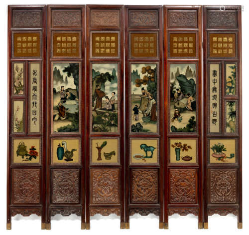 A SIX-PART CARVED 'SCHOLARS IN THE GARDEN' FOLDING SCREEN