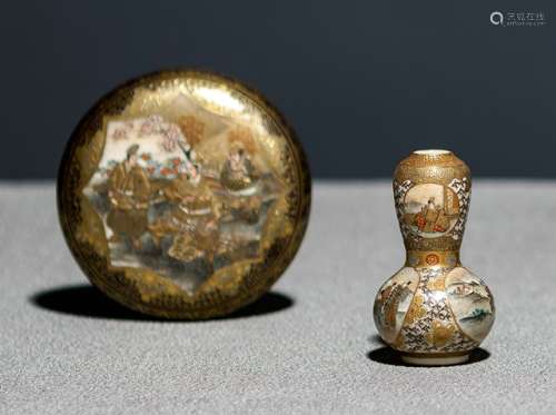 A SATSUMA-MINIATURE VASE AND A ROUND BOX WITH COVER DECORATED WITH FIGURAL SCENES