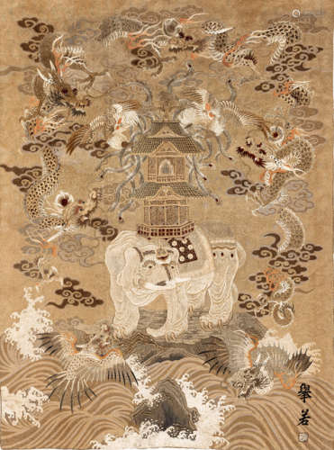 AN EMBROIDERED WALL HANGING DEPICTING A WHITE ELEPHANT