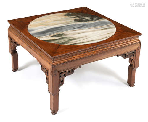 A SQUARE HARDWOOD TABLE WITH AN INLAID MARBLE TOP