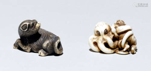 TWO IVORY NETSUKE OF A SEATED PUPPY AND AN OCTOPUS FIGHTING WITH AN ONI