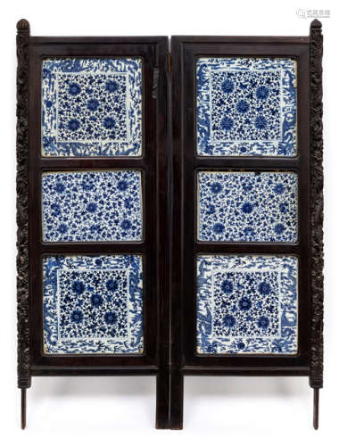 A TWO-PIECE FOLDING SCREEN WITH SIX BLUE AND WHITE LOTUS AND DRAGON PORCELAIN PLATES