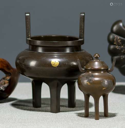 TWO TRIPOD BRONZE KORO INLAID WITH SILVER AND GOLD