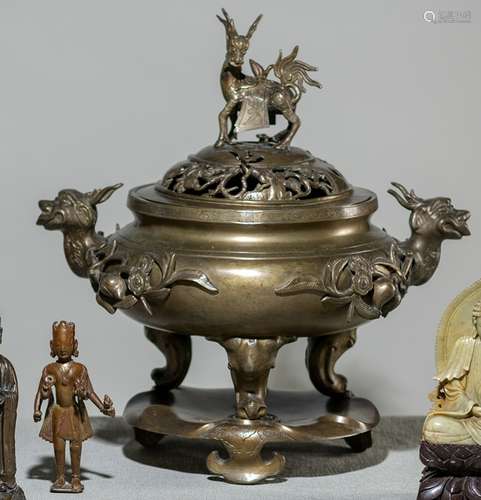 A LARGE THREE-PART BRONZE CENSER ON STAND