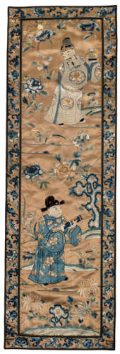 AN APRICOT-GROUND SILK EMBROIDERY WITH IMMORTALS