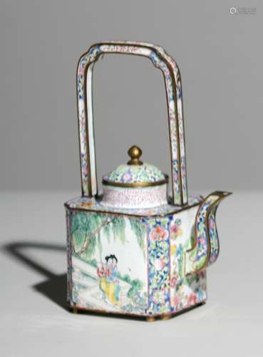 A CANTON ENAMEL TEAPOT AND COVER WITH MUSICIAN LADIES IN A GARDEN LANDSCAPE