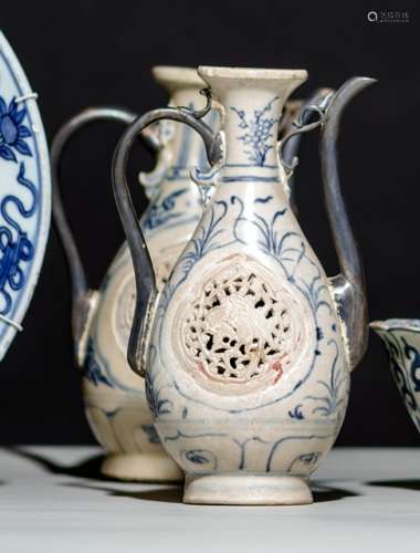 TWO BLUE AND WHITE PORCELAIN EWERS