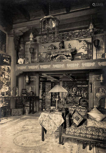 A GROUP OF 11 BLACK AND WHITE PHOTOGRAPHIES FROM THE INTERIOR OF BURTON HOLMES HOME (1870-1958) AND A PRINT WITH A BUDDHIST SCENE