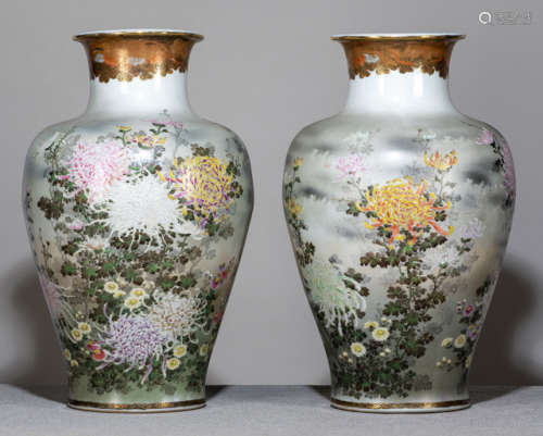 A PAIR OF SATSUMA VASES DECORATED WITH VARIOUS FLOWERING CHRYSANTHEMUMS