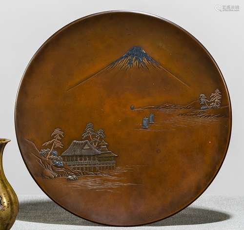 A ROUND BRONZE DISH DECORATED WITH MOUNT FUJI AND KAWAGUCHI LAKE