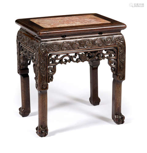 A CARVED HARDWOOD STOOL WITH STONE TOP