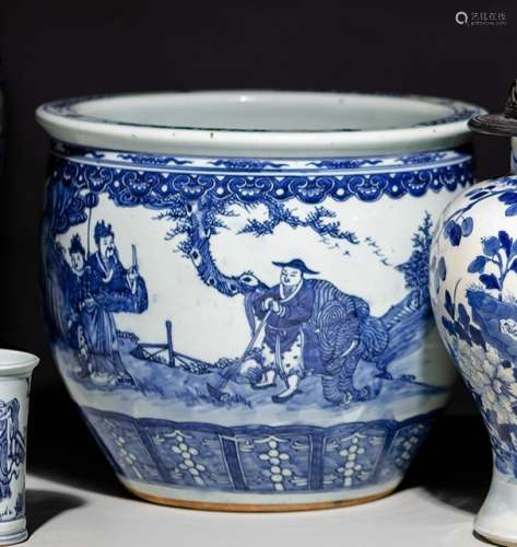 A BLUE AND WHITE PORCELAIN JARDINIÈRE WITH A LITERARY SCENE