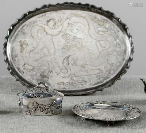 A SILVER PRUNUS BOX AND COVER WITH TRAY AND A SILVER DRAGON TRAY