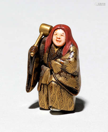 A GOLD - AND RED-LACQUERED IVORY NETSUKE OF SHOJO HOLDING A HAND LADLE - Property from an old Berlin private collection